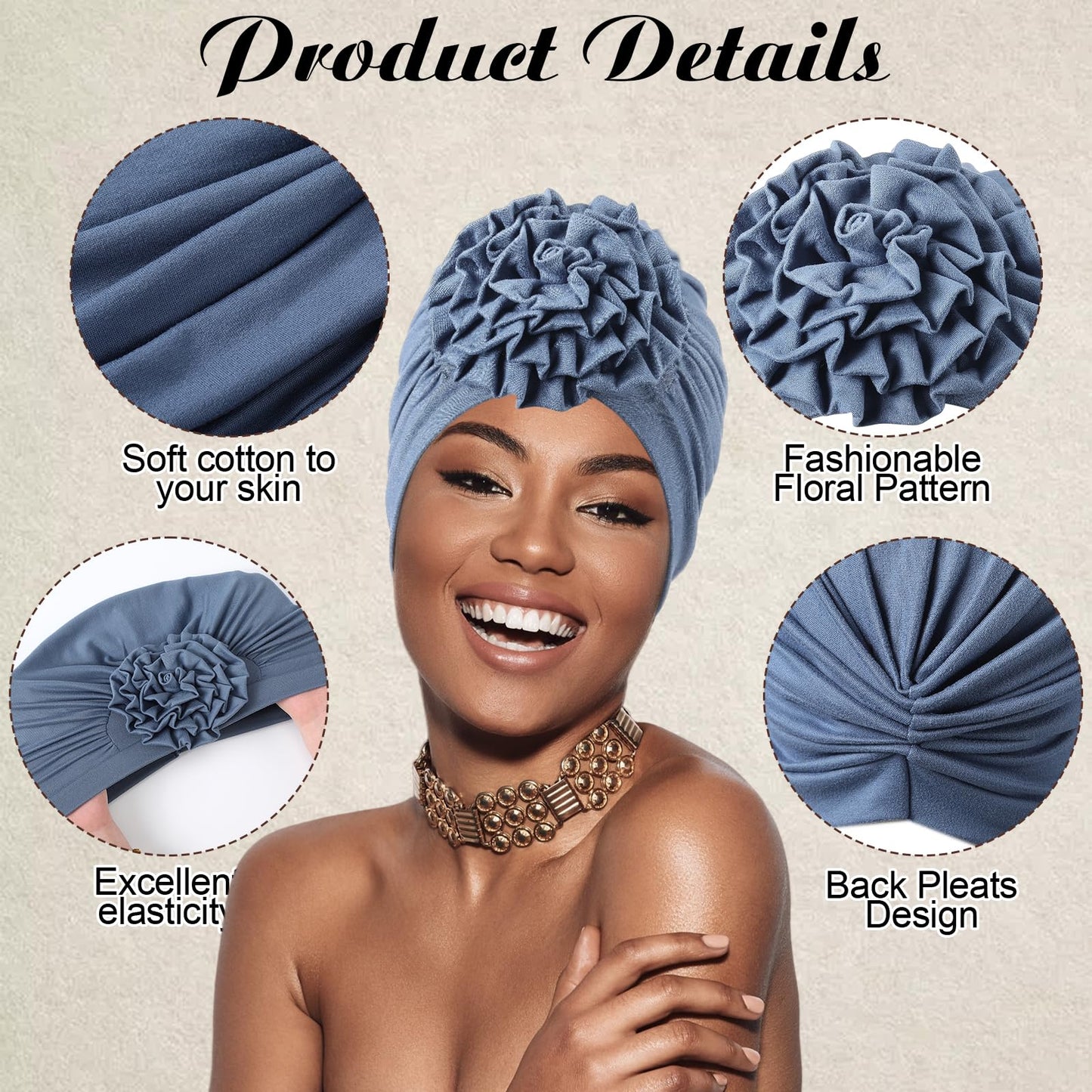 JenPen 4 Pcs Chemo Turban Headwear for Women Soft Cancer Headwear Flower Turban Elastic Head Wrap Cap for Women Cancer Patients Hair Loss