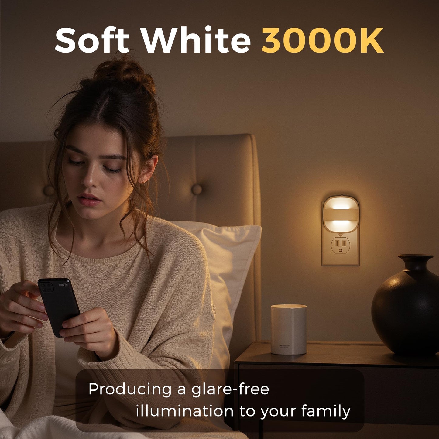 L LOHAS LED Foldable Plug in Night Light 2 Pack, Night Lights Plug into Wall with Dusk to Dawn Sesnor, 2 Brightness Level, Ideal Nightlight for Bathroom, Hallway, Kitchen, 3000K Soft White