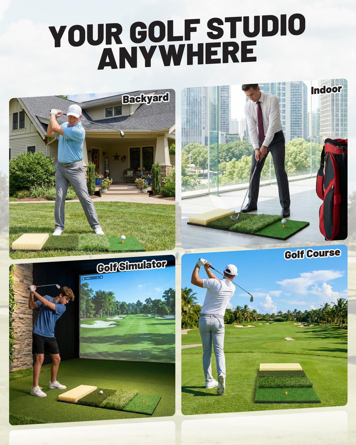 WEEPALM SPORTS 4-in-1 Golf Hitting Mat, Golf Practice Mat with Fairway, Rough, Sand & Tee Turf, Indoor Outdoor Golf Training Mat for Driving, Chipping & Putting with Golf Mat Tees