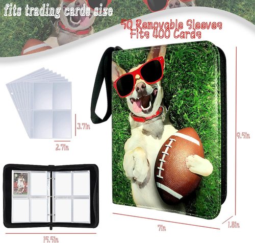 Football Card Binder - 400 Pockets with 50 Removable Sleeves | 3 Ring Zippered Collector Album