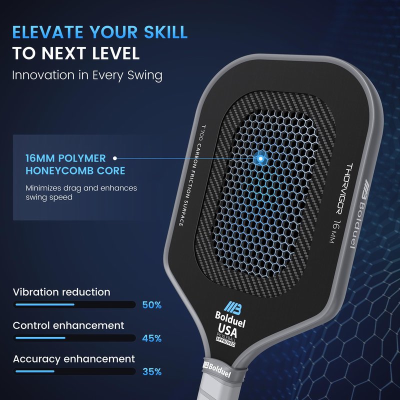 T700 Raw Carbon Fiber Pickleball Paddles, Pickleball Paddles Pro-Level for Aggressive, Offensive Player, Pickleball Paddle with 16mm Polymer Honeycomb Core & Overgrips, Maximum Control & Spin & Power