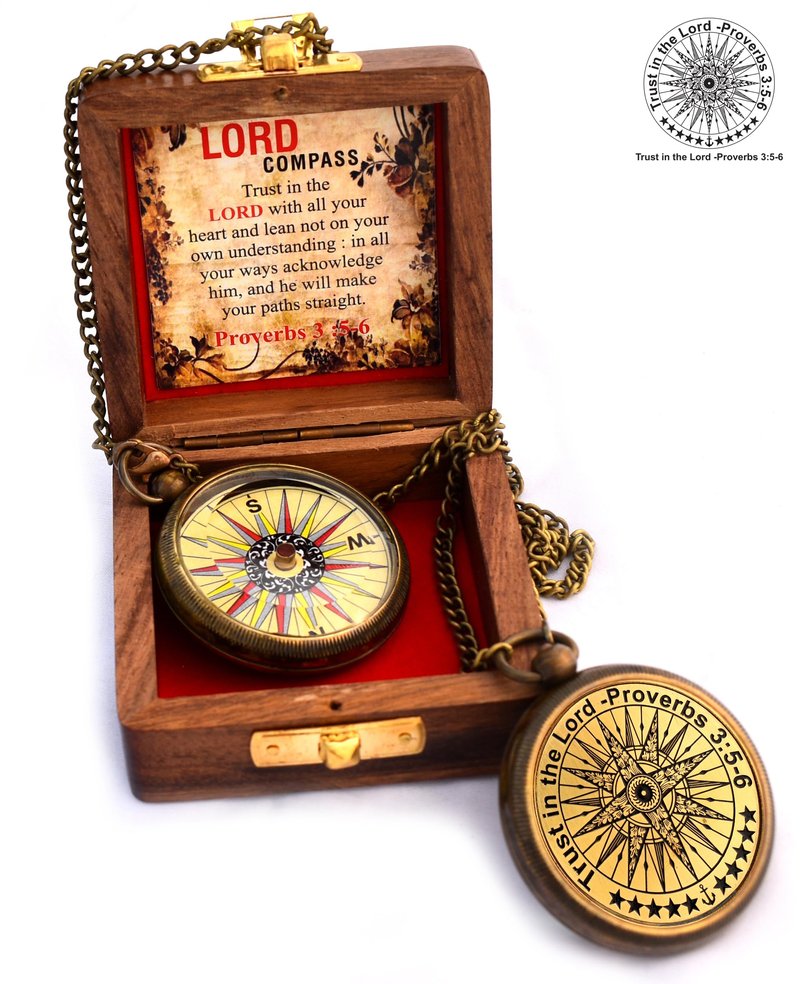 Trust in The Lord with All Your Heart -Proverbs 3: 5-6 Quote Engraved Compass with Wooden Box, Birthday, Baptism, Communion, Christmas, Graduation Day Gifts 2026 Compass for Women Mens Boy Girls