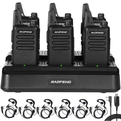 BAOFENG T20 Mini Walkie Talkies with Earpiece, FRS 2 Way Radios with 6 Way Multi Charger Base, USB-C, 22CH, License-Free for School Warehouse Camping(6 Pack)