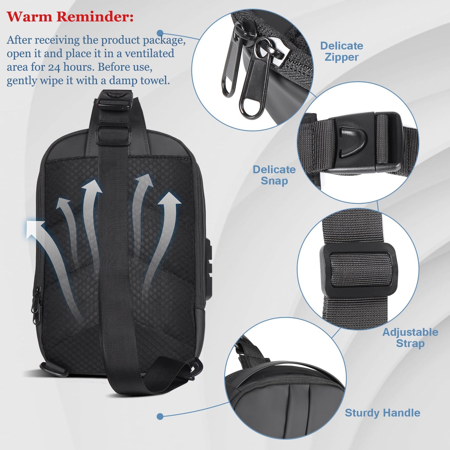 Geestock Anti-Theft Crossbody Sling Bag for Men with USB Port, Small Men's Crossbody Sling Bag PU Leather Chest Bag Shoulder Pack for Travel, Hiking, Work & Daily Use, Black