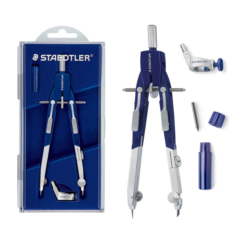 STAEDTLER Comfort Metal Quick Setting 6" Compass 2 Piece Set: Universal Adapter, Push-Button Mechanism & Extra Leads - Draws Circles up to 350mm