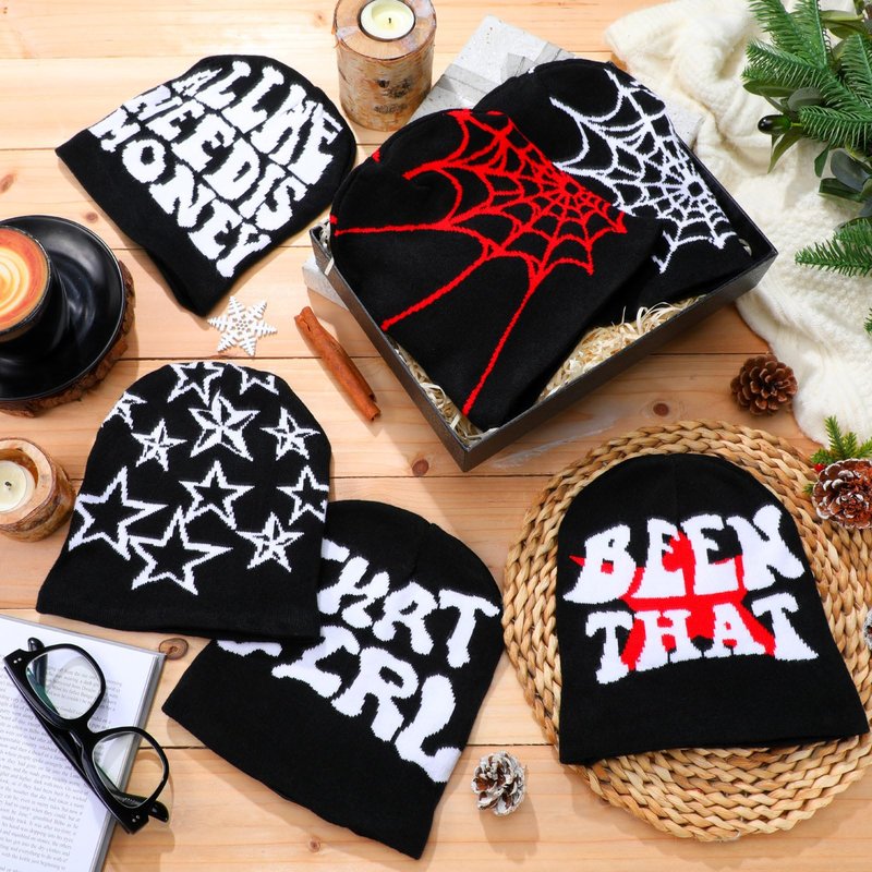 Skicuff 6 Pcs Winter Y2K Beanie Satin Lined Skull Cap Graphic Warm Beanies for Men and Women Knitted Y2K Hat for Cold Weather