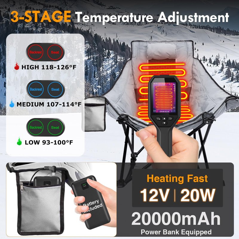 Slendor Oversized Camping Chair with 2000mAh Power Bank, Padded & Pillow Heated Rocking Chair, 3 Adjustable Heat Settings Camping Rocker Chair for Easy Setup and Foldable Storage, Gray