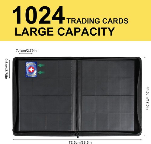 GEAoffice 16 Pocket Trading Card Binder - Ringless Side-Loading Design with Zipper Closure | PU Leather for 1000+ Cards - Yellow
