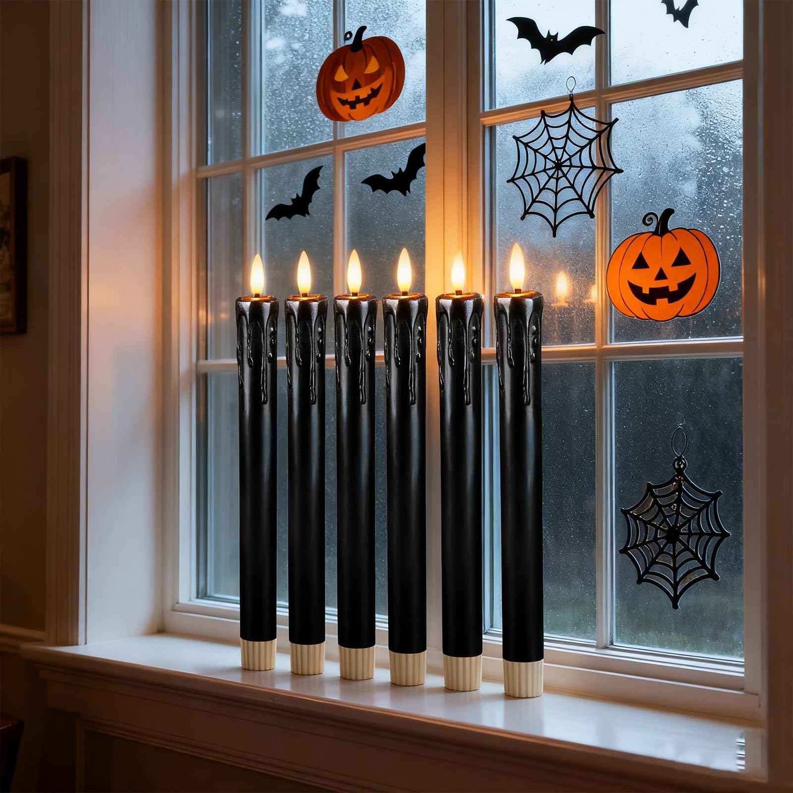 Lezonic Black Flameless Taper Candles Battery Operated with Remote, Long LED Candlesticks Flickering Real Wax Set of 6, 9.5 inch Battery Candles with Realistic 3D Flame for Halloween