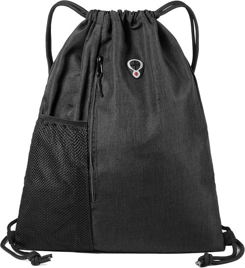 BeeGreen Black Drawstring Gym Bag - Large Sports Backpack with Water Bottle Pocket & Front Zippered Pocket