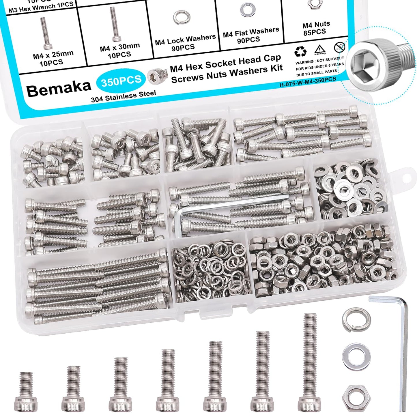 Bemaka 350PCS M4 Screw Kit, M4 x 6/8/12/16/20/25/30mm Hex Socket Head Cap Screws Bolts Nuts Washers Assortment Kit, 304 Stainless Steel Metric Bolts with Hex Wrench