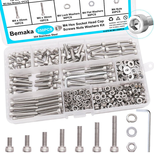 Bemaka 350PCS M4 Screw Kit, M4 x 6/8/12/16/20/25/30mm Hex Socket Head Cap Screws Bolts Nuts Washers Assortment Kit, 304 Stainless Steel Metric Bolts with Hex Wrench