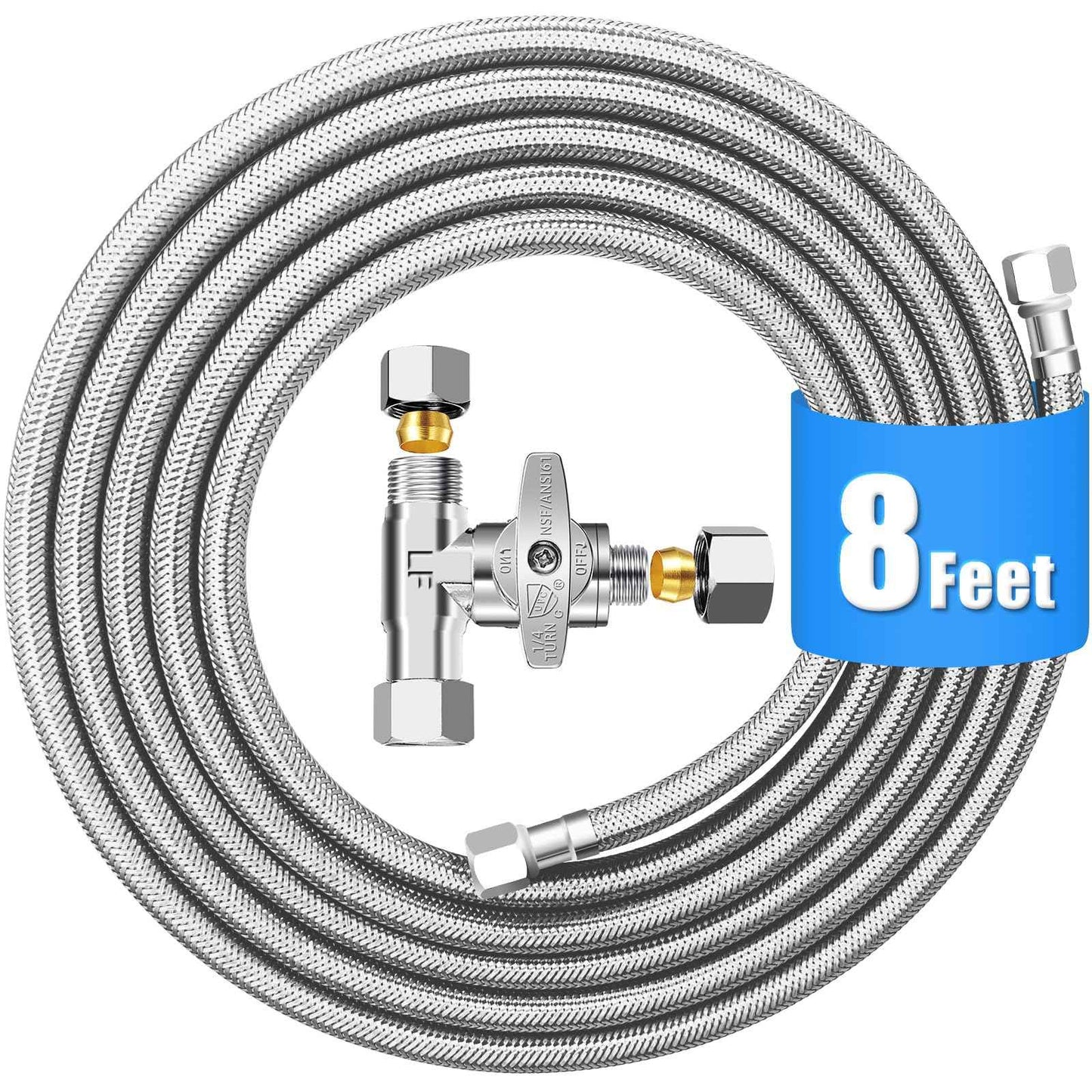 Refrigerator Water Line Kit - 8FT Stainless Steel Braided Ice Maker Water Line with Tee Stop Valve,Foodgrade PEX Inner Hose Fridge Water Line with 1/4" Comp Fitting and Tee Valve