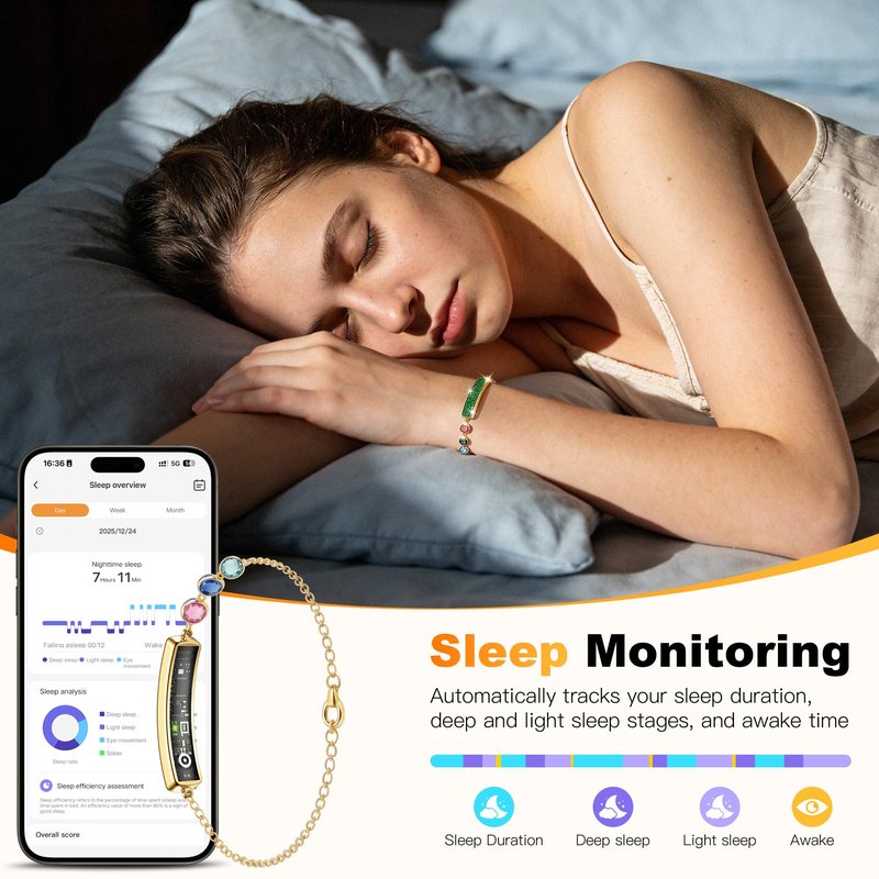 RIFESI Light Luxury Smart Bracelet for Women, Crystal Birthstone Fitness Tracker with 2 Bands, All-Day Heart Rate/Sleep/Stress/HRV/Step Monitor, Elegant Wristband for Birthday