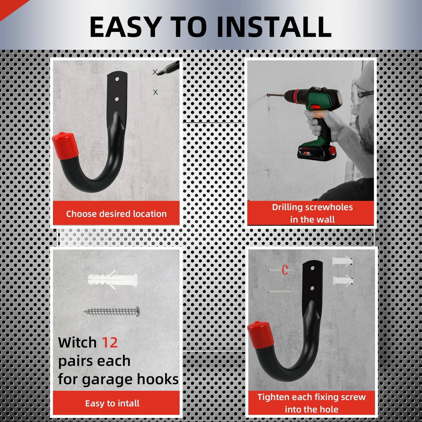 YOUNITA Heavy Duty Garage Wall Hooks for Hanging, 6Pcs Storage Hooks, 3.8inch Hanging Hook for Garage Storage and Organization,Wall Mount Utility J Hook with Wall Anchors and Screws (6, 3.8inch)