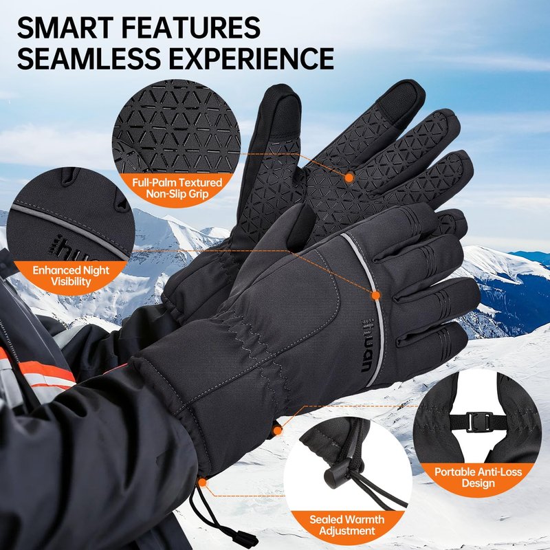 ihuan Winter Waterproof Skiing Gloves for Men & Women, Cold Weather Thermal Gloves with Touchscreen Fingers, Windproof, Snowboarding, Running, Cycling, Driving, Hiking, Motorcycling