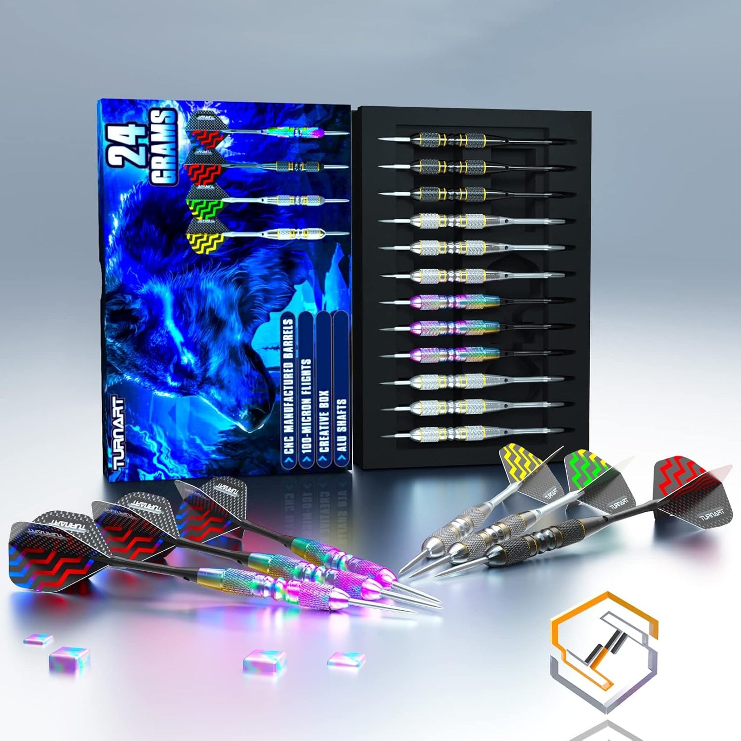 Turnart Darts Metal Tip Set - Professional Steel Tip Darts 12 Pcs with Stylish Case & Extra Flights | 22/24 Grams