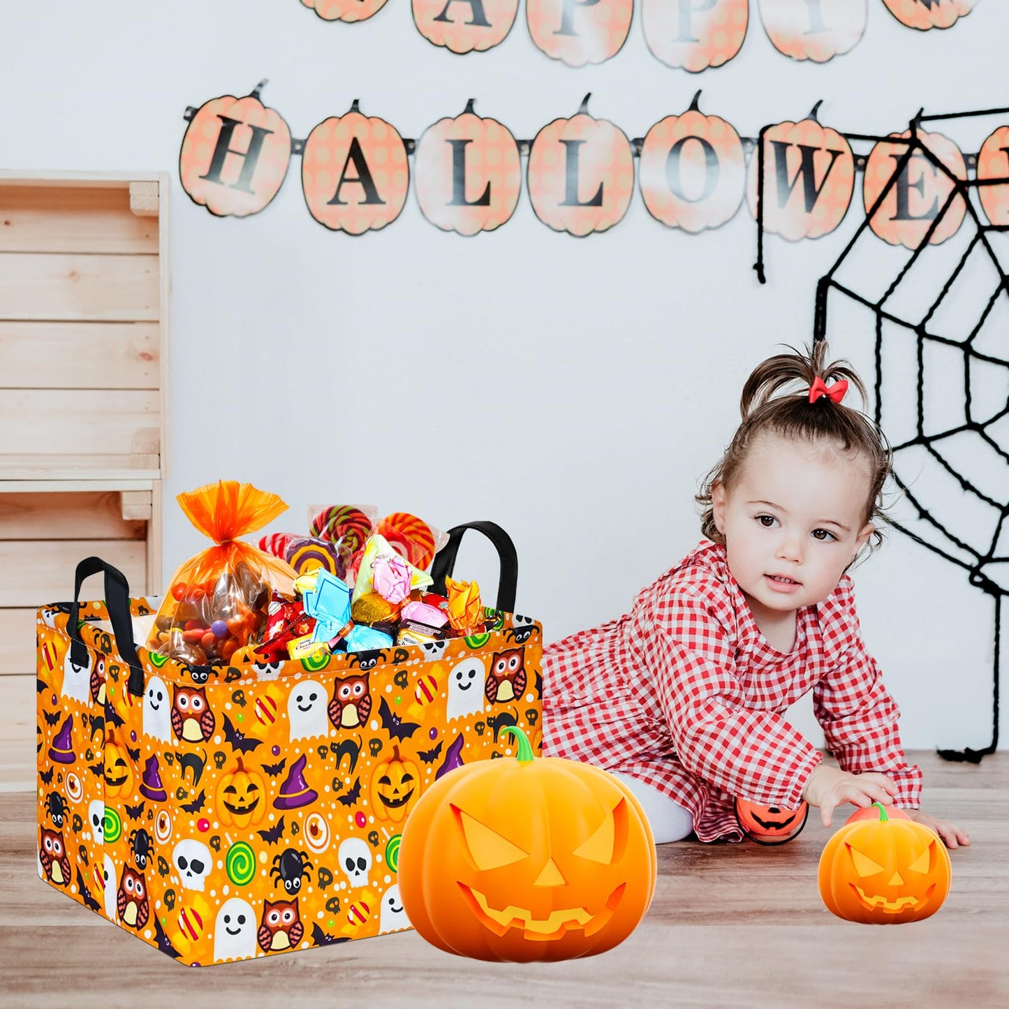 HUAYEE Happy Halloween Ghost Storage Basket Gift Laundry Bins Collapsible Storage Baskets Bins with Handles Laundry Basket Nursery Hamper for Home and Office Decoration