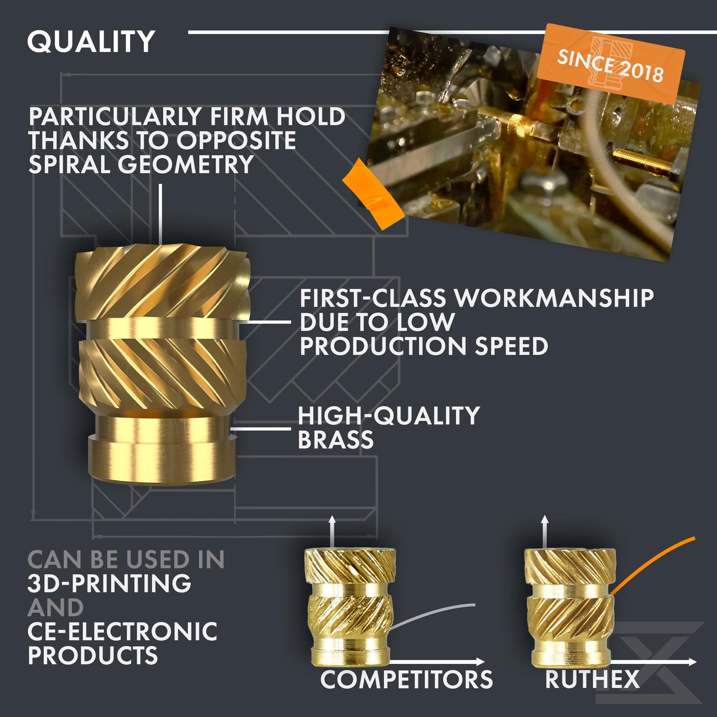 ruthex M6 Threaded Inserts Short - 25 Pieces RX-M6x6.8 Brass Heat Set Insert for Plastic Parts - Metric knurled - Insert by Heat into 3D Printing Component