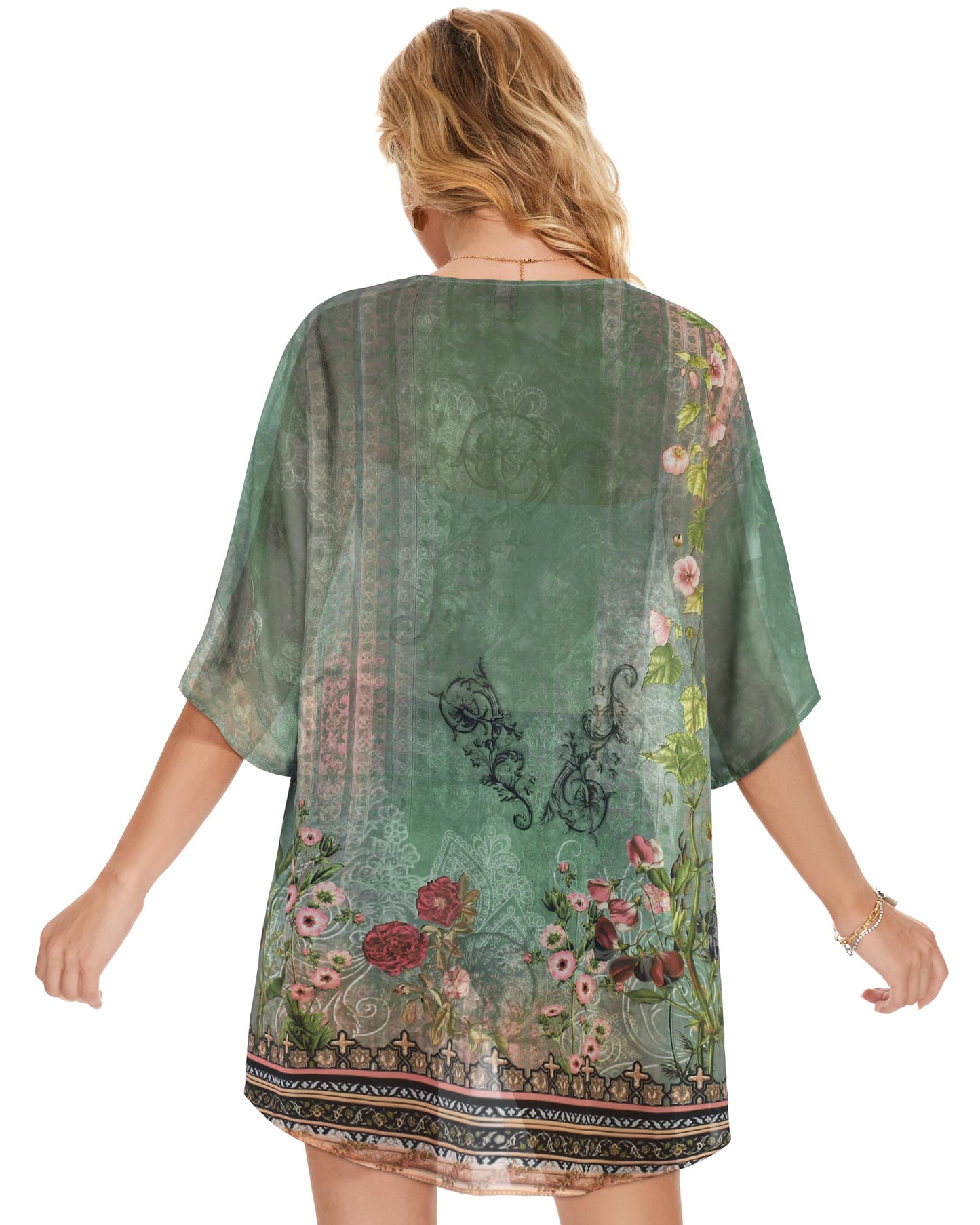 Women's Floral Print Puff Sleeve Kimono Cardigan Loose Cover Up Casual Blouse Tops(Army Green Floral,M)