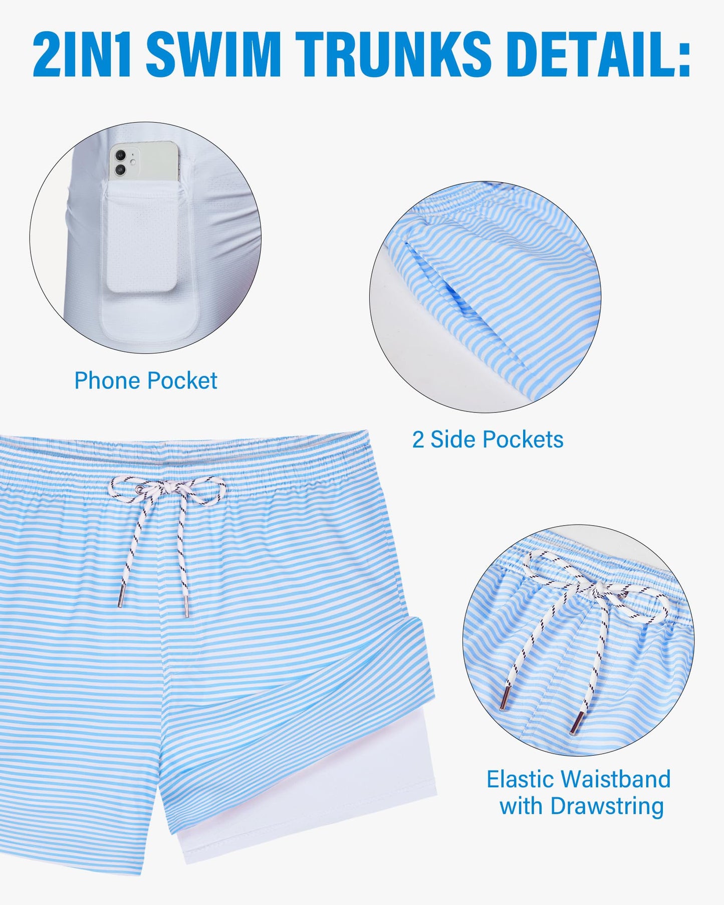 Gleeease Mens Swim Trunks with Compression Liner Mens Swimming Trunks 5 inch with Compression Liner Pockets Drawstring Quick Dry Stretch Lined Funny Beach Swimming Pool Surf Striped Blue Medium