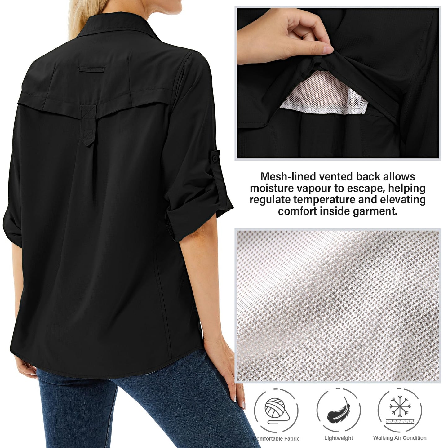 Toumett Women's UPF 50 Long Sleeve UV Sun Protection Safari Shirts Outdoor Quick Dry Fishing Hiking Travel Shirts(5071,Black,L)