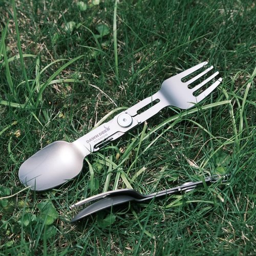 Dawn Deer Titanium Rotating Spork - 2-in-1 Folding Spoon and Fork for Camping, Hiking, Backpacking - Lightweight, Durable Travel Utensil with Compact Design - EDC Survival Gear (1PC)