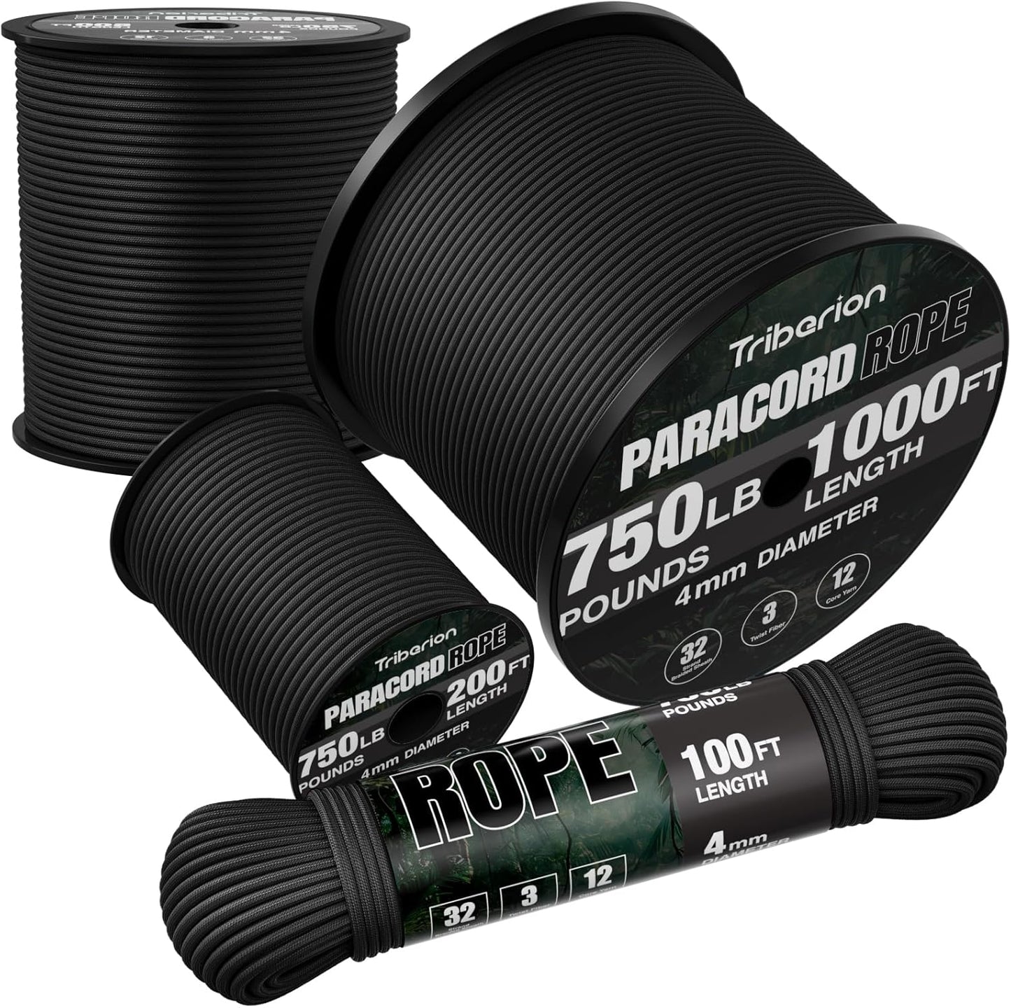 Paracord Rope 750 lb - Heavy Duty 200ft 5/32" Parachute Cord for Camping, Survival Gear | Black