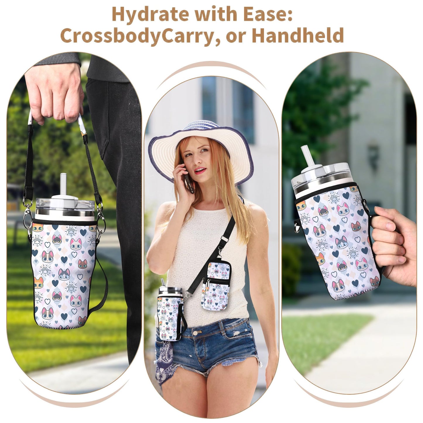 AUPET Water Bottle Holder Carrier Bag fit for 30/20 /14 oz Stanley Flowstate IceFlow Yeti Tumbler ,Cup Accessories Sleeve Sling with Phone Pouch & Strap (paisley flower, fit for Tumbler 20oz)
