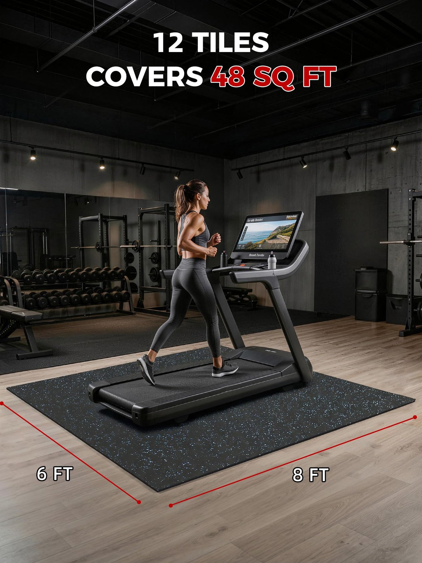 HIAARO 0.56in Thick 48 Sq Ft Exercise Equipment Mats, 12 Tiles Rubber Top EVA Foam Workout Mats, Interlocking Gym Flooring for Home Gym, 24 x 24in, Black & Blue