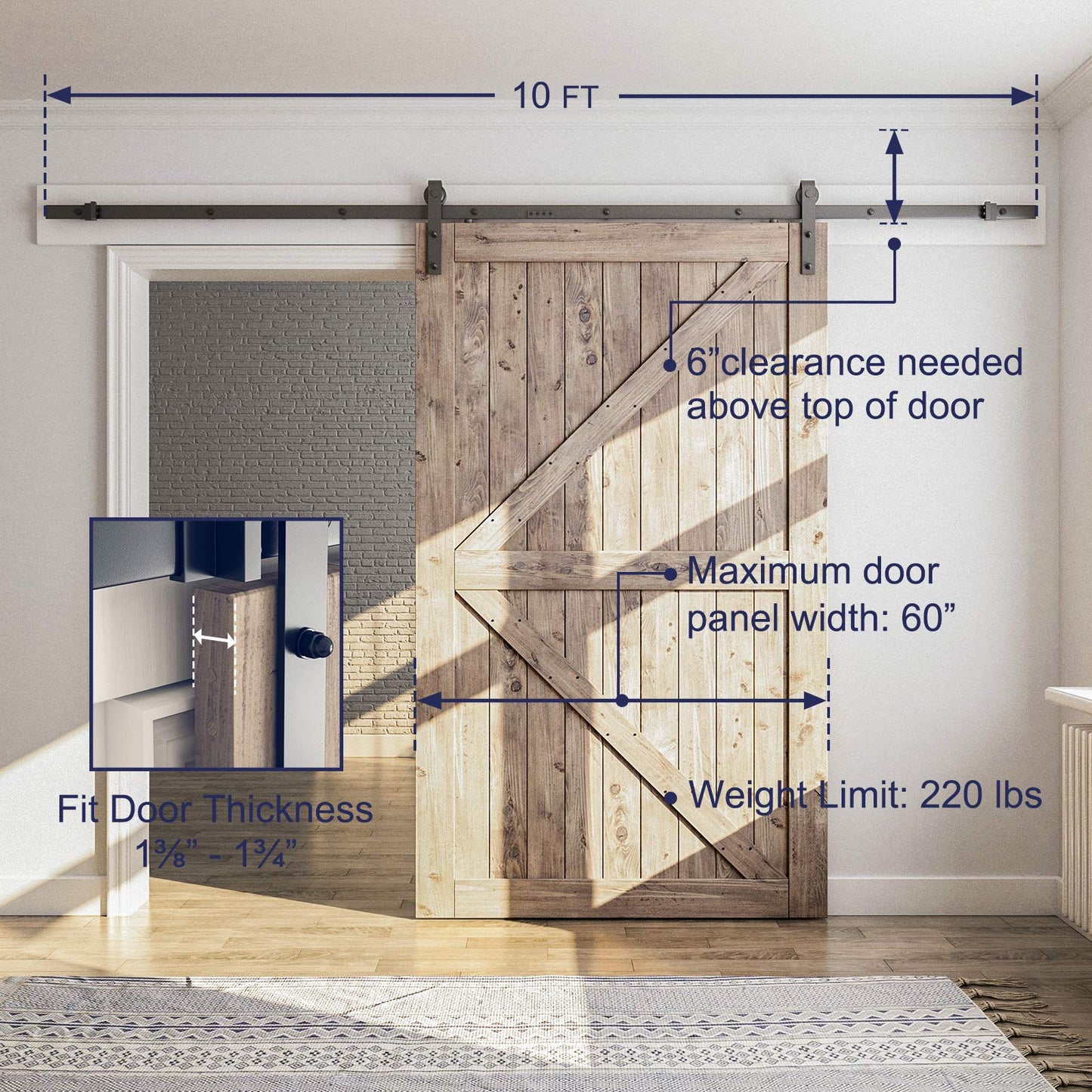 SMARTSTANDARD 10FT Sliding Barn Door Hardware Kit, Heavy Duty Track-Smoothly and Quietly-Includes Detailed Installation Instruction Fit 60" Wide Door Panel (J Shape Hanger) Black
