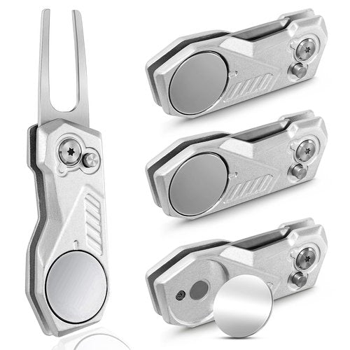 Mile High Life 4 Pieces Golf Divot Repair Tool w Magnetic Golf Ball Marker | All Metal Foldable Divot Tool w Pop-up Button | Golf Accessories for Men