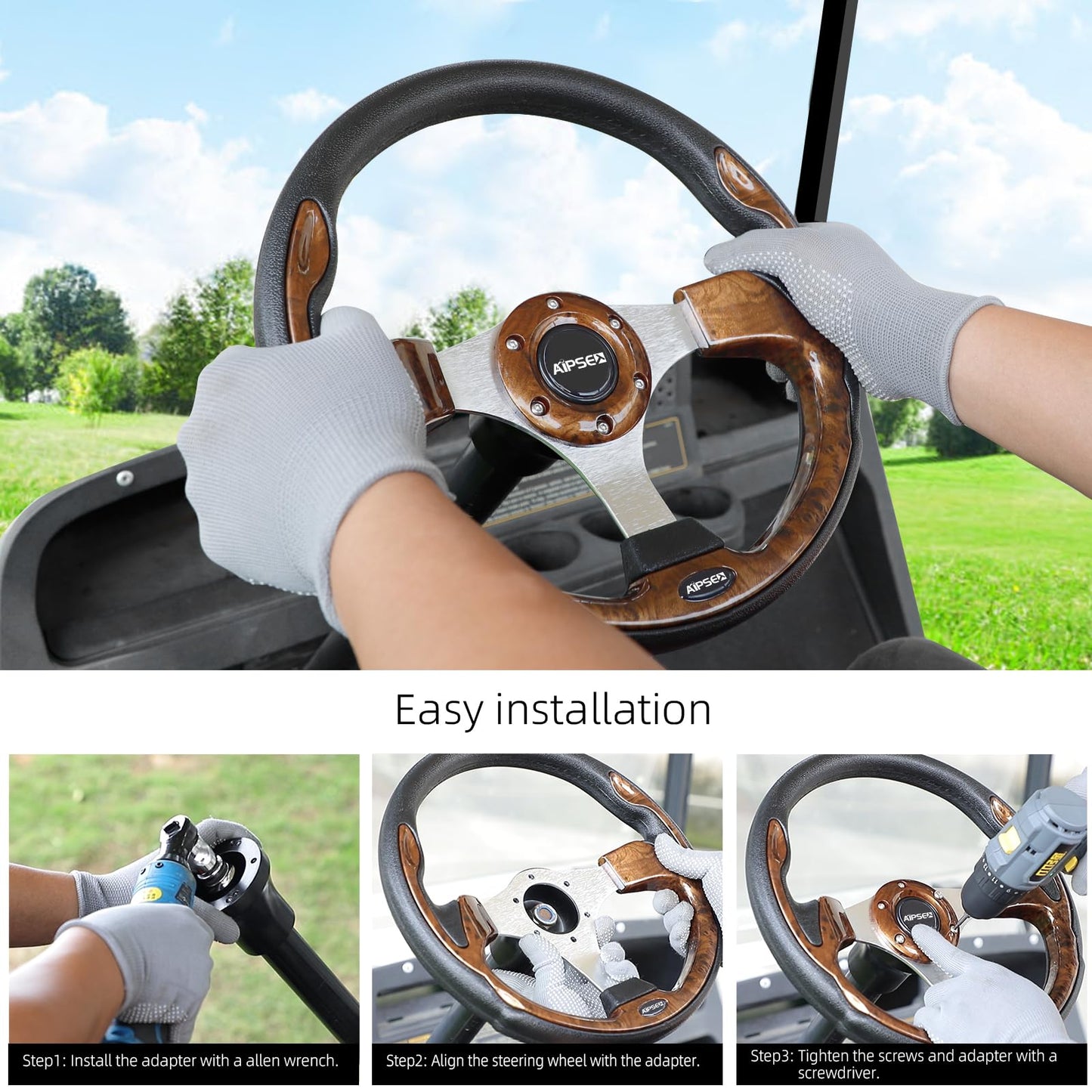 AIPSET Universal Golf Cart Steering Wheel Compatible with EZGO TXT, RXV/Club Car DS, Precedent, Tempo/Yamaha, 12.5 Inch Classic Steering Wheel with PVC Leather Grip