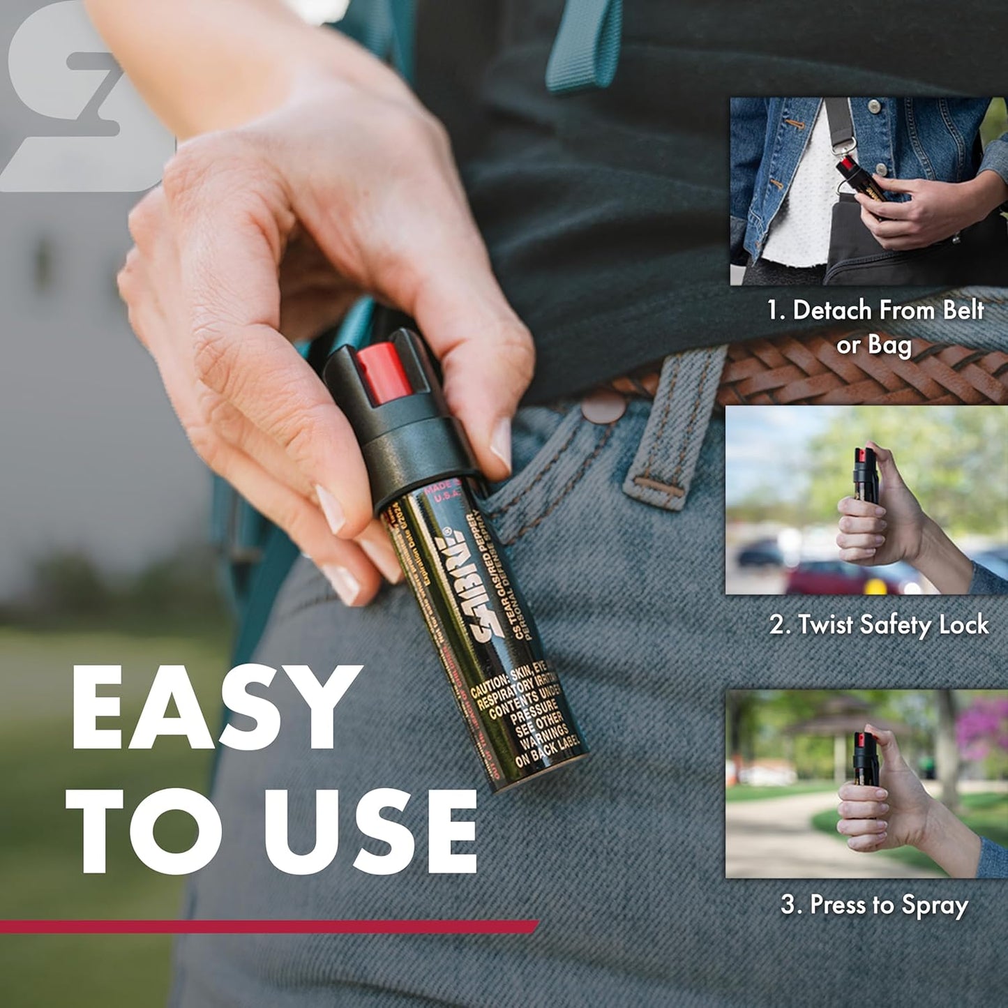 SABRE 3-in-1 Compact Defense Spray - Max Police Strength Pepper Spray, Tear Gas & UV Dye, 0.67 fl oz