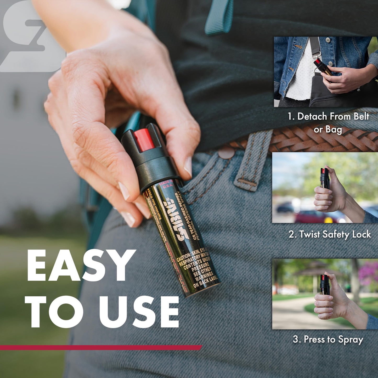 SABRE Compact 3‑in‑1 Pepper Spray, Tear Gas & UV Marking Dye Defense Spray - Maximum Police Strength OC Spray, Up to 16-ft Range, 13 Second Spray Time, Twist Lock Safety with Belt Clip, 0.75 fl oz