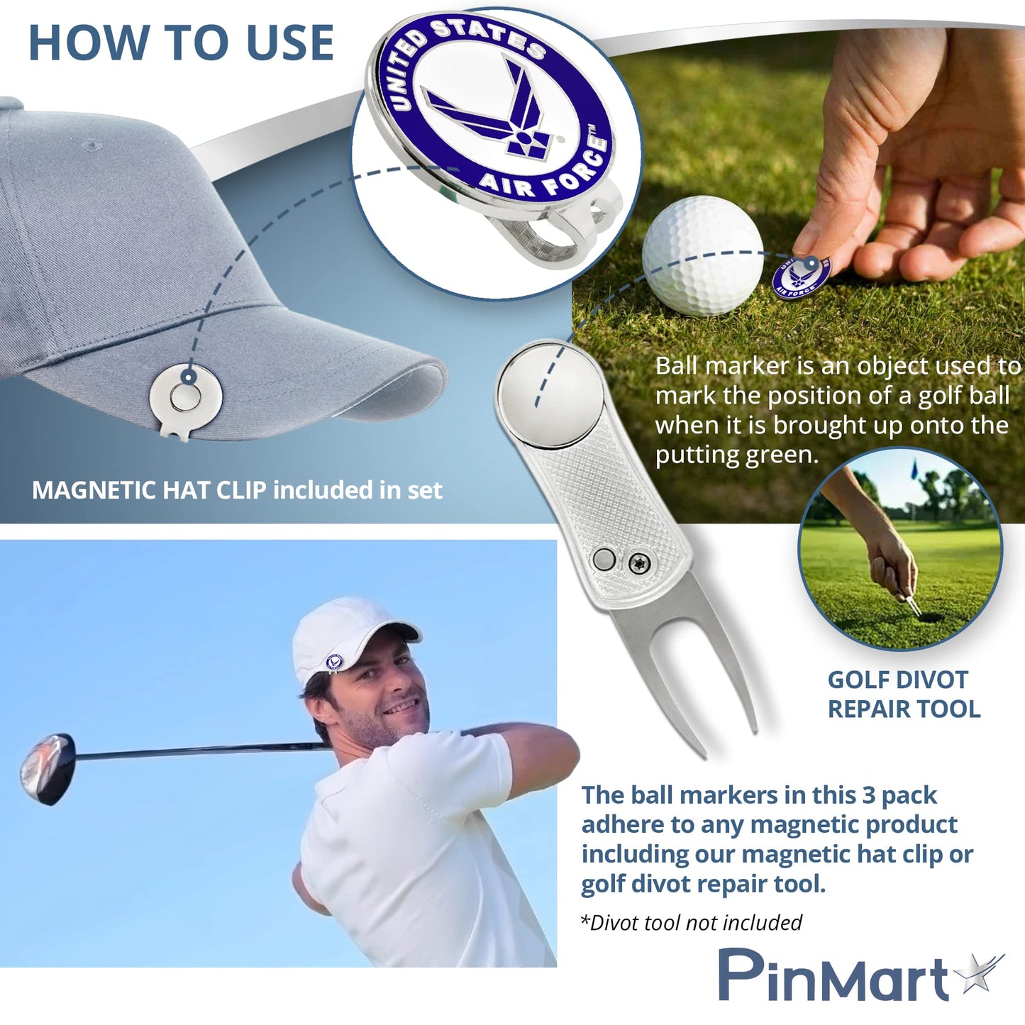 PinMart Officially Licensed United States Marine Corps Pack of 3 Magnetic Golf Ball Markers and Hat Clip - Golf Accessories for Men and Women - Ball Markers and Hat Clip with Magnet for Golf Hats
