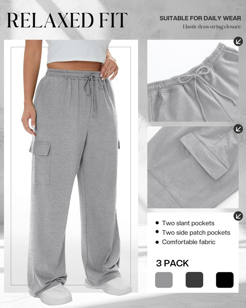 Neer 3 Pack Women's Plus Size Cargo Sweatpants Wide Leg Drawstring Bottom Pants Baggy Loose Casual Athletic Trousers(Black, Dark Gray, Light Gray,3X-Large)