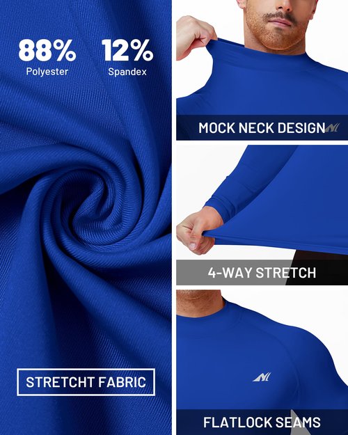 Nakuvara Compression Long Sleeve Shirts for Men, Mock Neck UPF 50+ Moisture Wicking Shirt, Cool Dry T-Shirt for Running Royal Blue