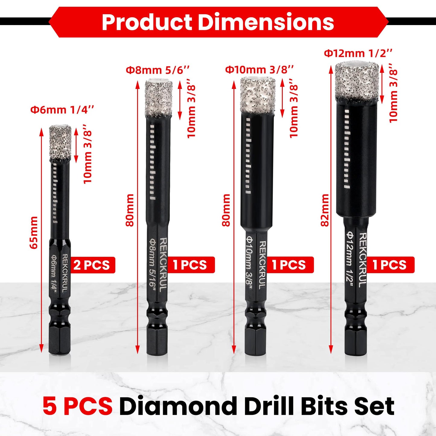 REKCKRUL 5-Pack Diamond Drill Bits Set, 1/4 5/16 3/8 1/2 Inch Diamond Hole Saw – 1/4 Hex Shank Core Drill Bits for Ceramic, Tile, Glass, Granite, Marble, Brick & Stone, 6/8/10/12mm