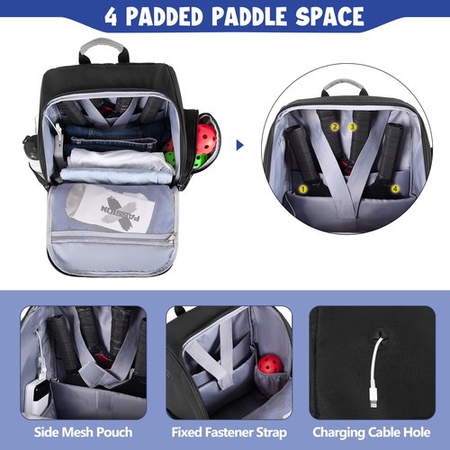 GOBUROS Pickleball Bag for 4 Paddles with Shoe Compartment, Pickleball Backpack with Fence Hook for Pickleball Accessories, Pickleball Bags for Men and Women, Bag Only, Gray
