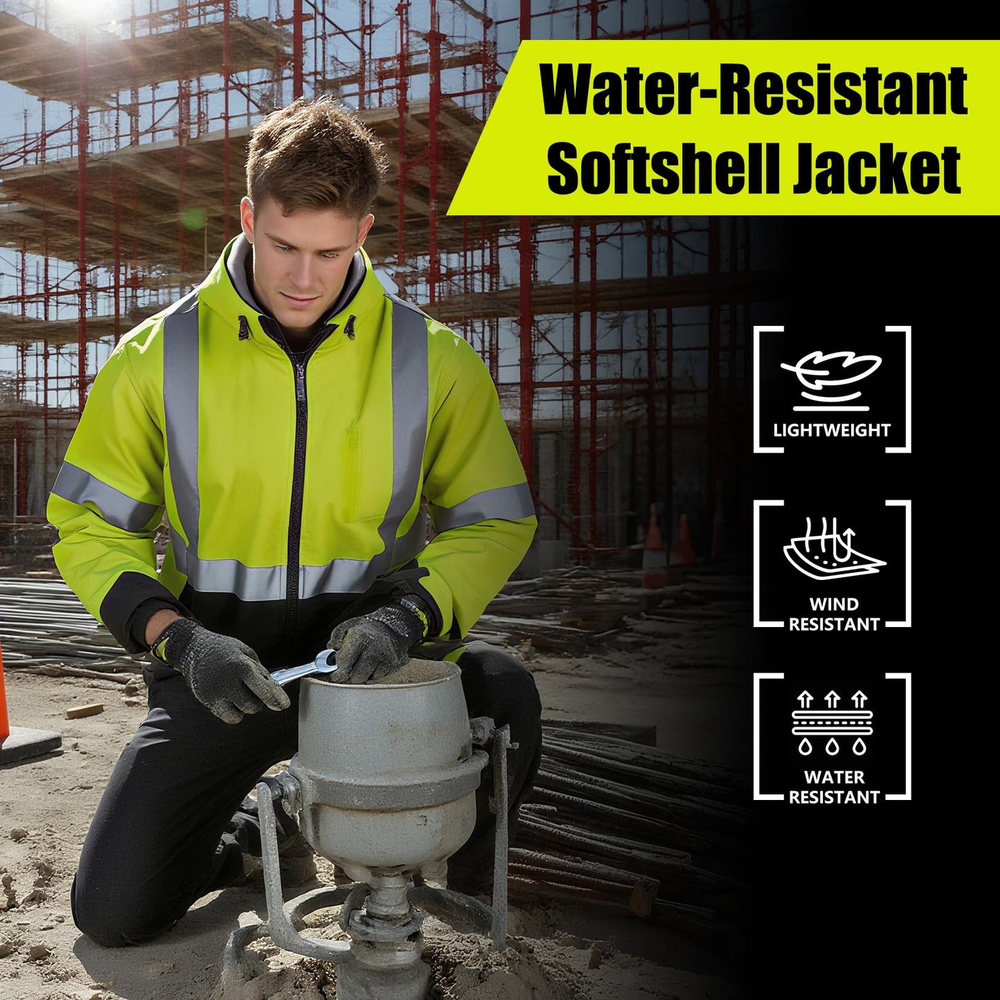 VENDACE Hi Vis Reflective Safety Jackets for Men Softshell Waterproof ANSI Class 3 High Visibility Work Jacket Hoodie Polar Fleece Lining(Yellow,L)