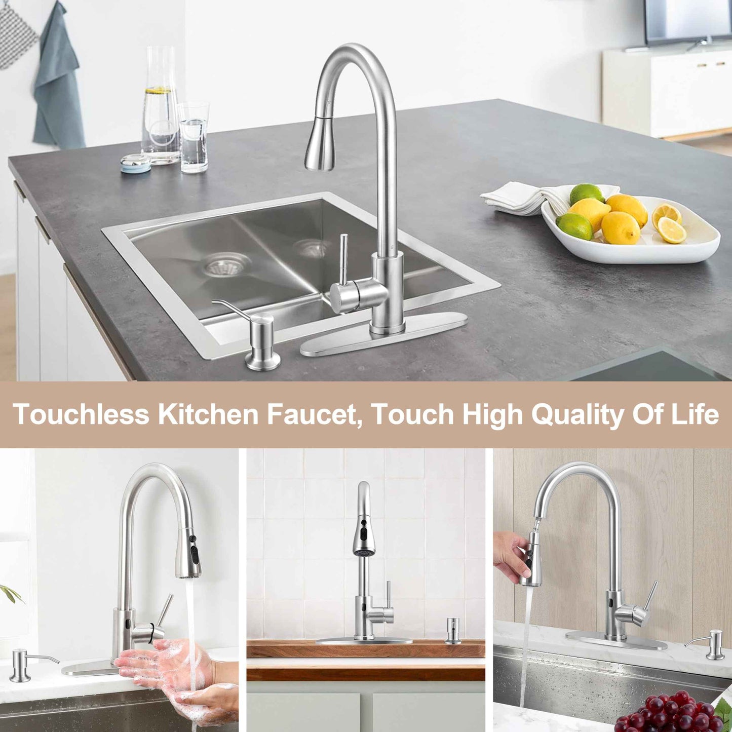 Touchless Kitchen Sink Faucet with Pull Down Sprayer, Herogo Brushed Nickel Stainless Steel Smart Activated Kitchen Faucet with Soap Dispenser, Single Handle Motion Sensor Tap for Farmhouse RV Sink