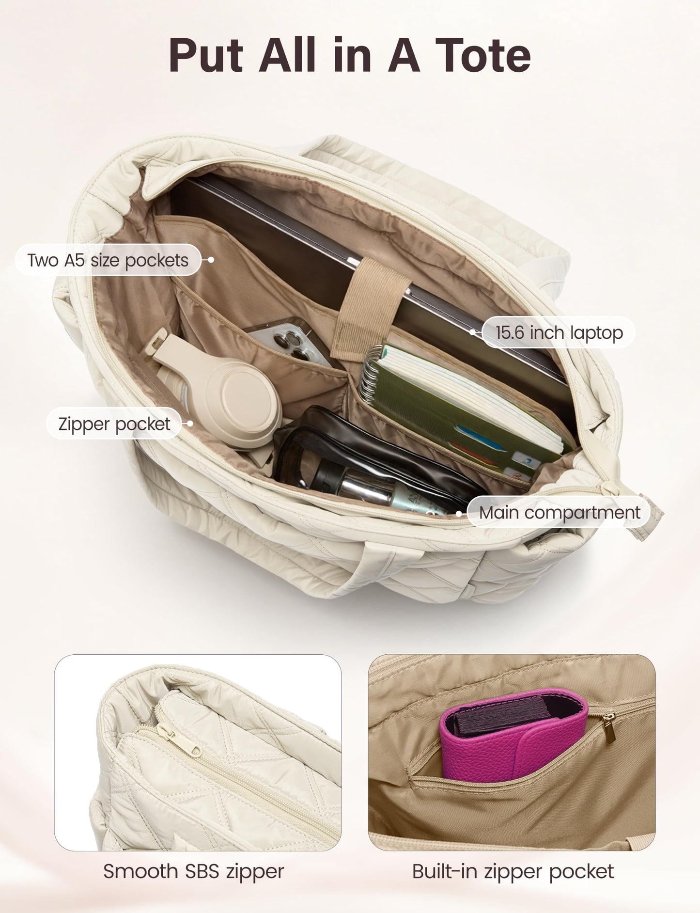 Uselike Tote Bag for Women, Lightweight Puffer Tote Work Bags with Compartments for Travel, Quilted Shoulder Bag with Zipper