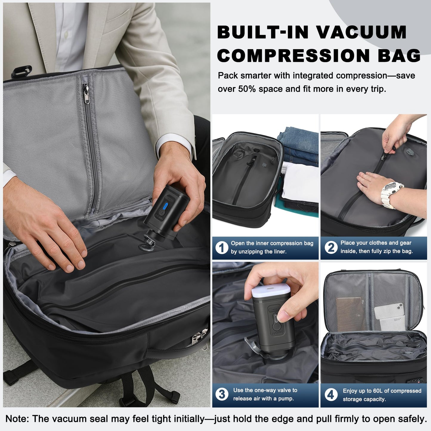 POSO P Vacuum Backpack Travel, 60L Expandable Vacuum Seal Compression Vacpack Back pack with Pump, Backpack with Vacuum System Water-Resistant Business Carry-On Vacuum Travel Backpack for Men