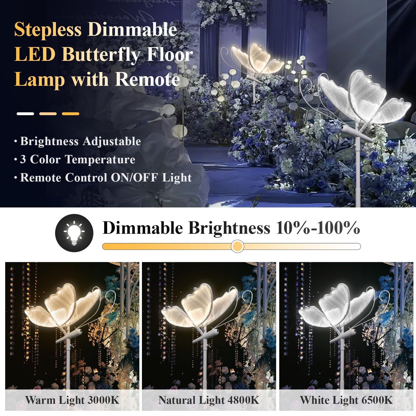 Wedding Butterfly Dimmable Floor Lamp: LED Butterflies Light with Remote Control - White & Warm Lights Butterfly Prop for Birthday Party Decoration - Baby Shower Bridal Shower Home Decor (11.8 in, 1)