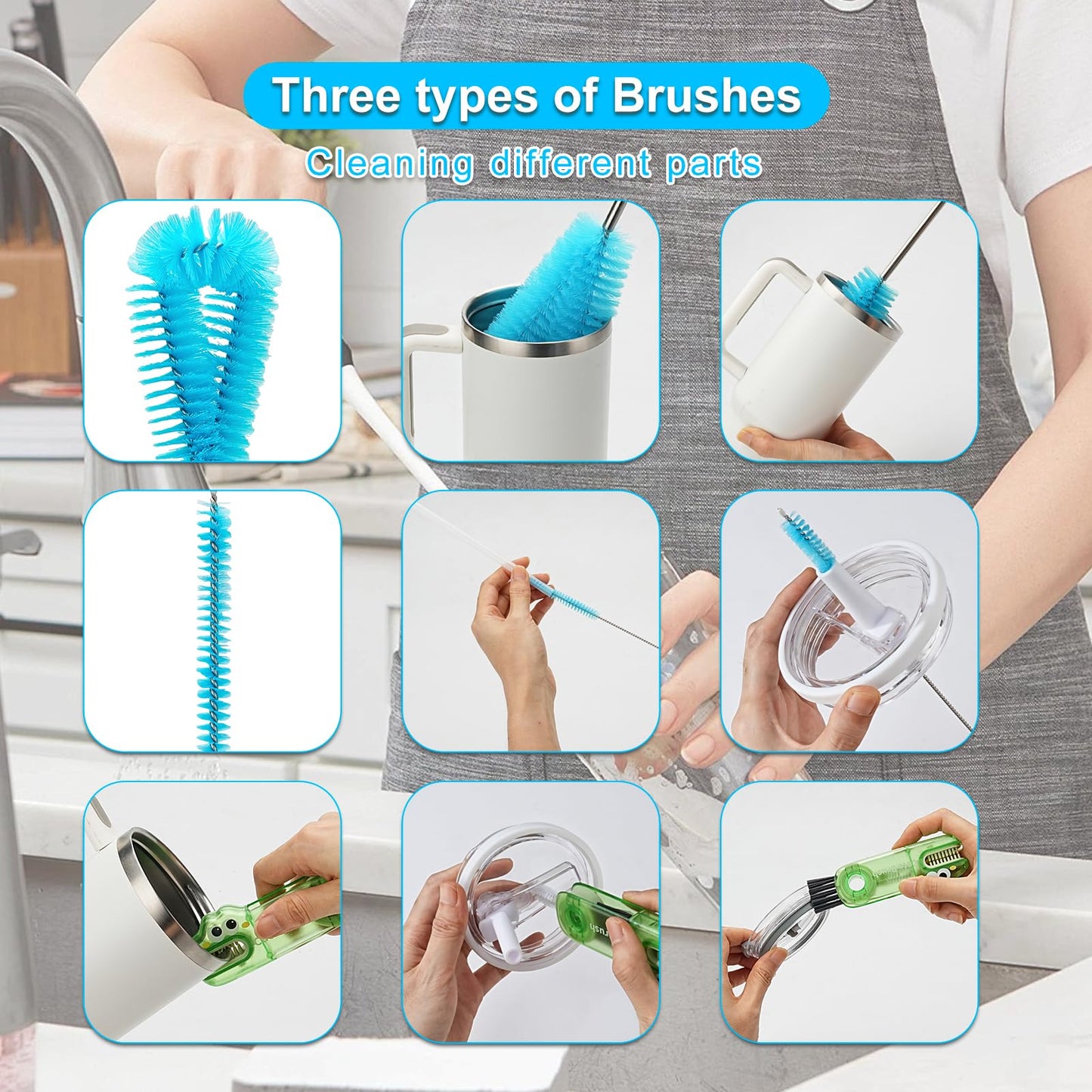 4 Pack Bottle Brush Cleaner Set, Long Reach Water Bottle Brush, Straw Brush and 3-in-1 Multi-Use Cleaner, Compatible with Stanley Cups, Baby Bottles, Travel Mugs, Tumblers, and Straws (Blue)