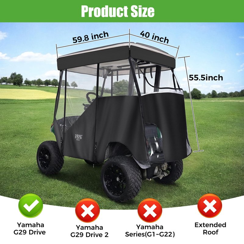 10L0L 3-Sided Track Style Golf Cart Enclosure fit 2 Passenger Yamaha G29, 600D Oxford Cloth Rain Shelter Cover with Aluminum Pre-Drilled Track,3 Sides Roll Up,Waterproof and UV Protection(Black)