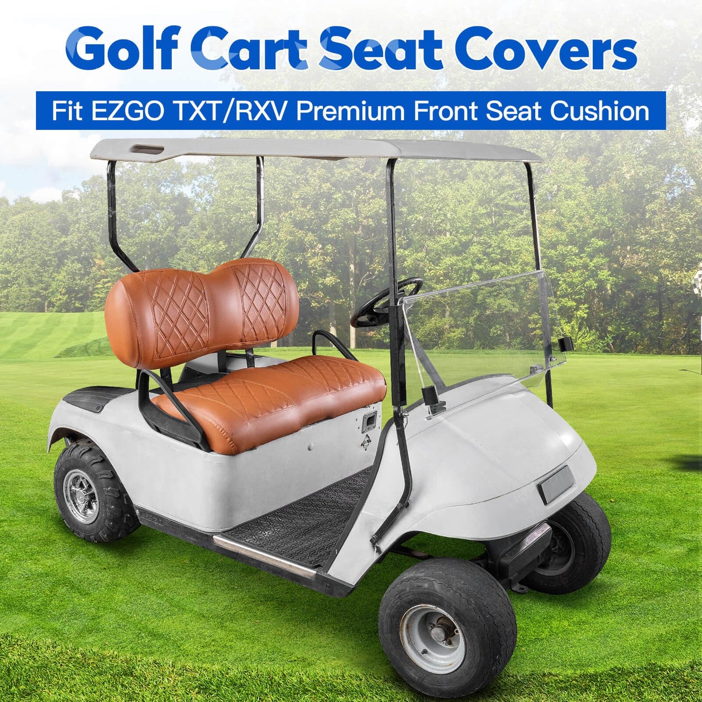 NOKINS Golf Cart Seat Covers Fit EZGO TXT RXV Freedom Liberty Express Premium Front Seat Cushion, Golf Cart Accessories Replacement Premium Front Seat Covers, No Stapler (All Brown)