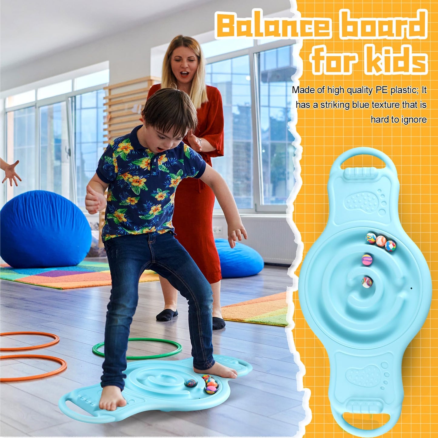 Seenelling Maze Balance Board for Kids Plastic Rocker Wobble Board with Mini Balls Load 220lb Balance Game with Handles for Toddler Balancing Exercise Equipment Game, 24.5 x 11.8 Inch(Light Blue)