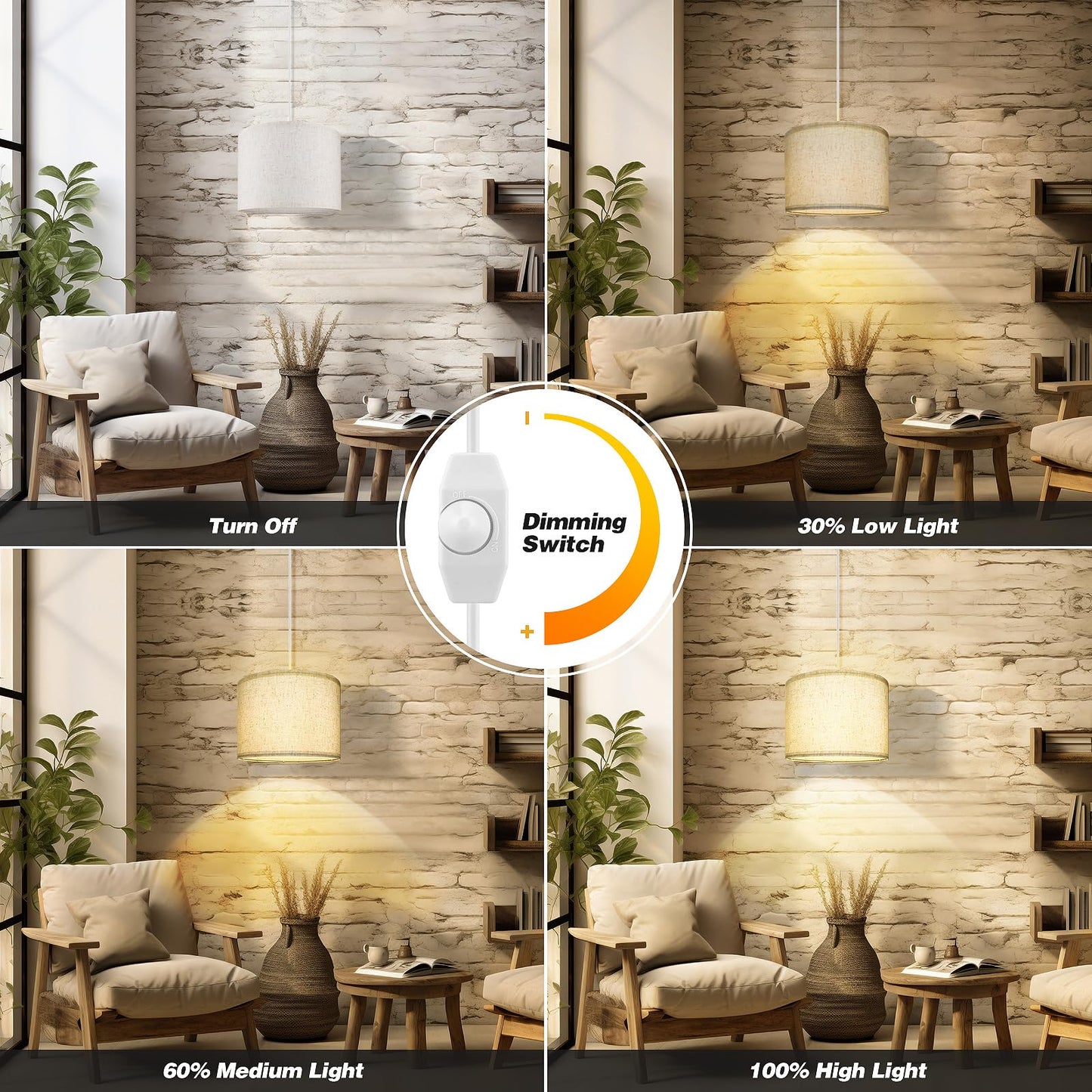 WimiSom Plug in Pendant Light,15 FT Hanging Lamp with Plug in Cord, Dimmable Switch, Pendant Lighting with Fabric Shade, Hanging Light Fixture for Living Room, Bedroom, Dining Room, Kitchen